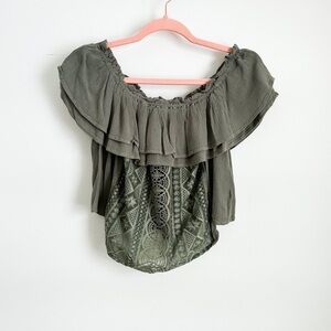 Dainty Hooligan Green Off the shoulder Embroidered Boho Top Small
